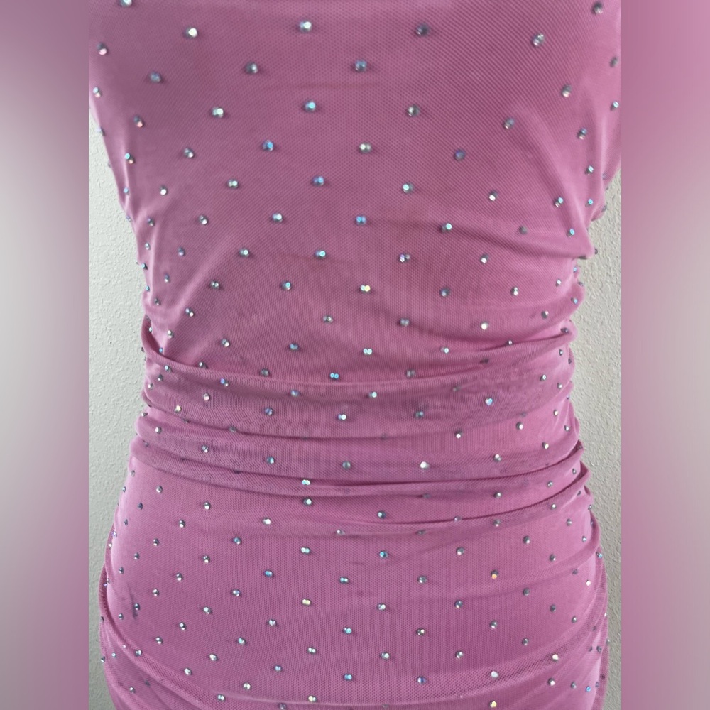 Pink Rhinestone Ruched Mini Dress - Picture 5 of 5